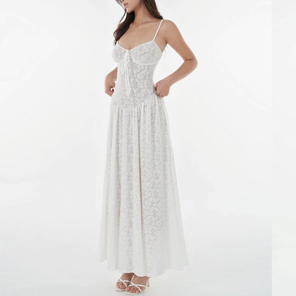 Kyuri White Texture Floral Print Maxi Dress