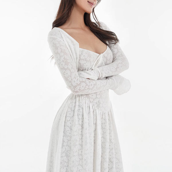 Kyuri White Texture Floral Print Maxi Dress