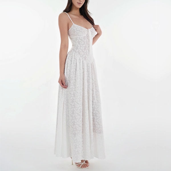 Kyuri White Texture Floral Print Maxi Dress