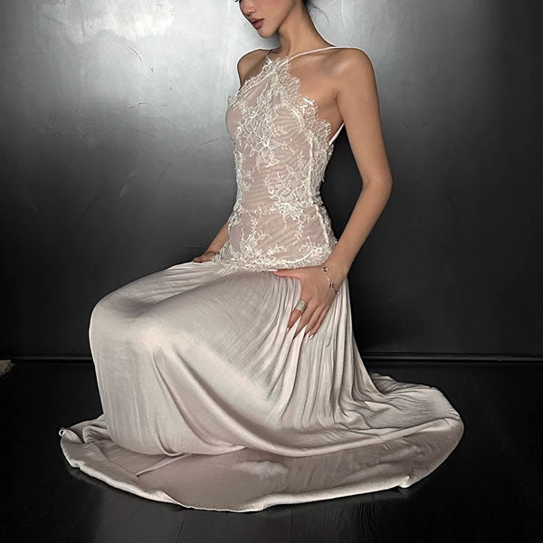 Errisa Ethereal Champagne Nude Lace Evening Dress