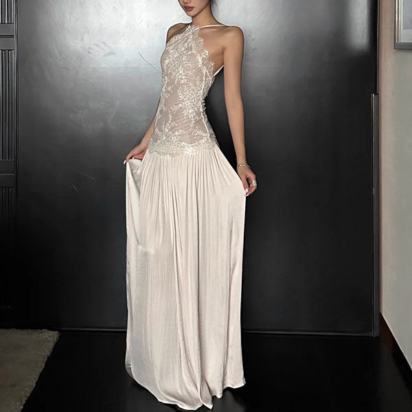 Errisa Ethereal Champagne Nude Lace Evening Dress