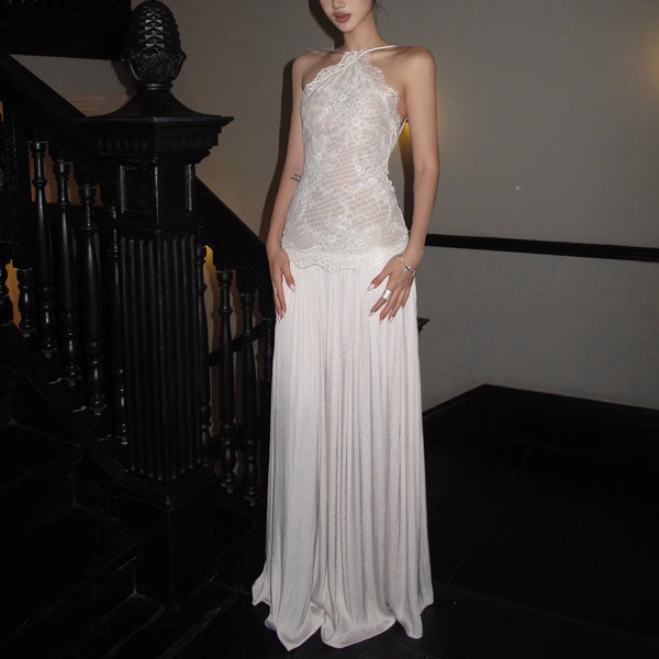 Errisa Ethereal Champagne Nude Lace Evening Dress