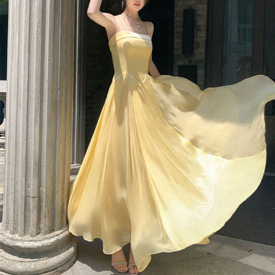 Aurielle Ethereal Butter Yellow Flowy Flare Evening Dress L