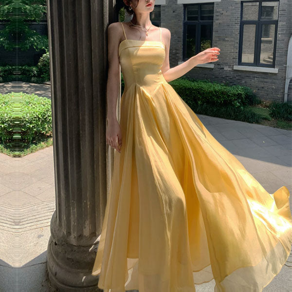 Aurielle Ethereal Butter Yellow Flowy Flare Evening Dress