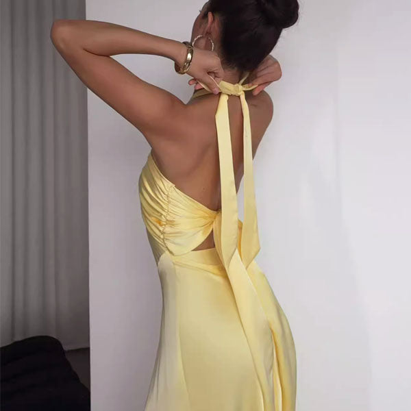 yellow backless halter dress Alyssa Open Back Maxi Evening M Solid Dress LEO LIN Women's Fleur Sizes:M/L This yellow halter neck