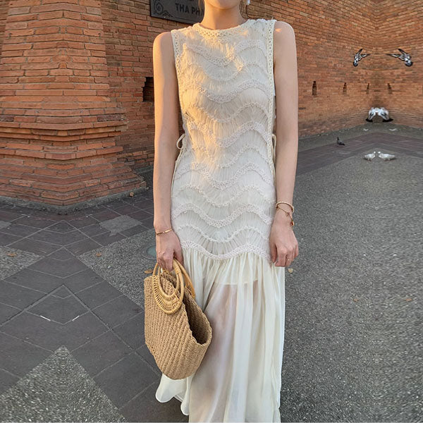 Catherina Elegant Ivory Knit Lace Maxi Dress