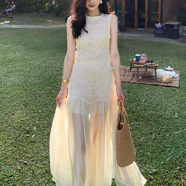 Catherina Elegant Ivory Knit Lace Maxi Dress