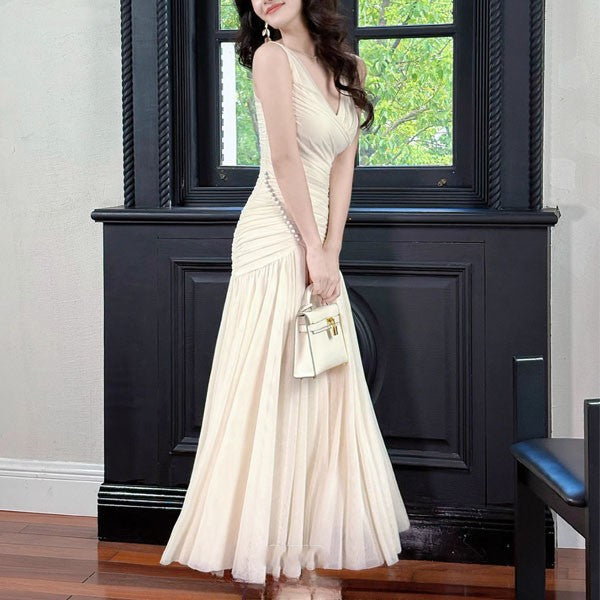 Mariselle Ivory Ruched Elegant Flowing Dress