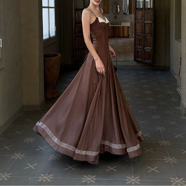 mocha gowns & formal dresses Kiera Vintage-Inspired Lace Back Evening Dress – The Wildflower Shop different shades of brown dresses