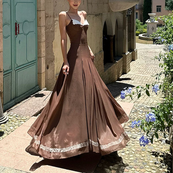 Kiera Vintage-Inspired Mocha Lace Back Evening Dress – The Wildflower Shop