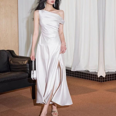 Valentina Elegant Ivory Draped Off Shoulder Evening Dress