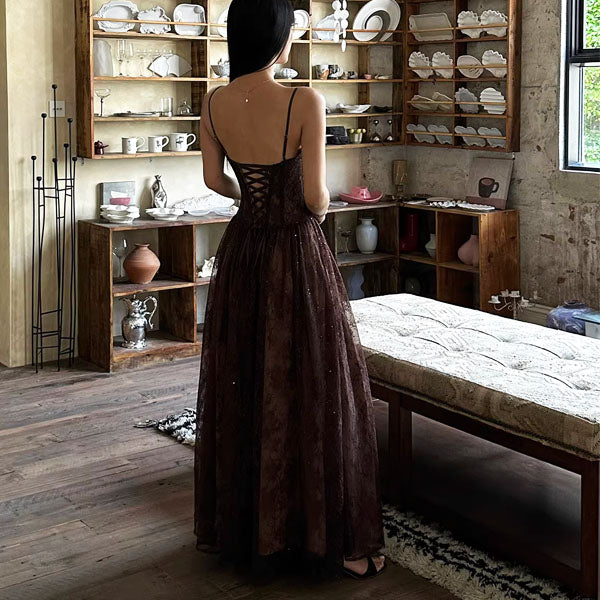 Isadora Enchanting Dark Brown Lace Evening Maxi Dress – The
