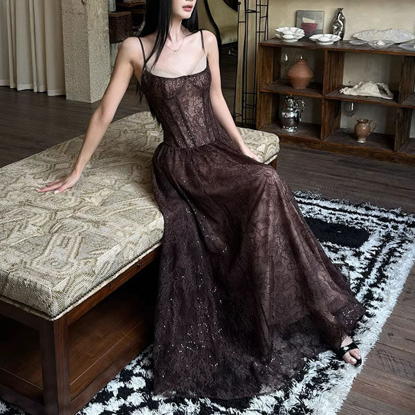 dark brown lace dress Arra Chiffon And Lace Halter Maxi Dress / Cacao Brown | MESHKI