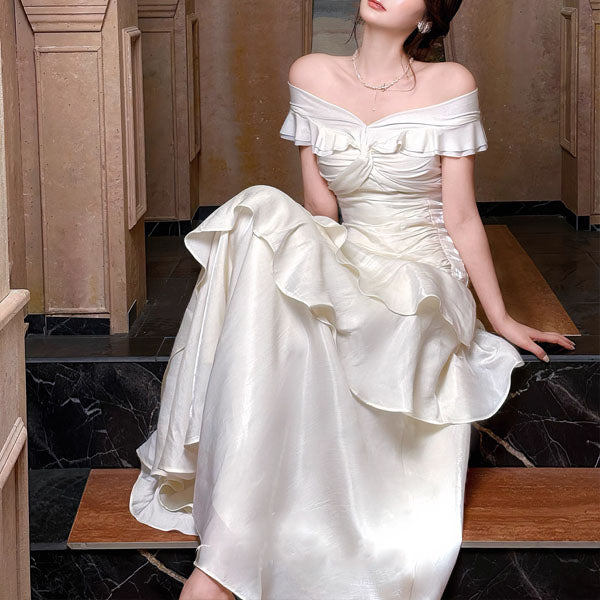 Meliora Elegant Ivory Off-Shoulder Ruffles Evening Dress
