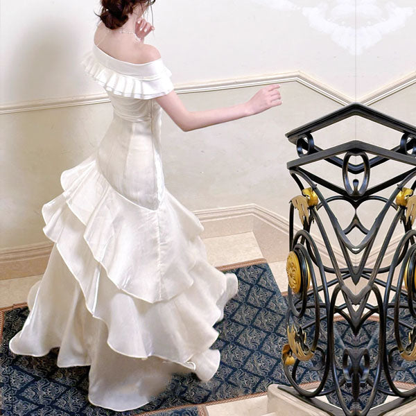 Meliora Elegant Ivory Off-Shoulder Ruffles Evening Dress