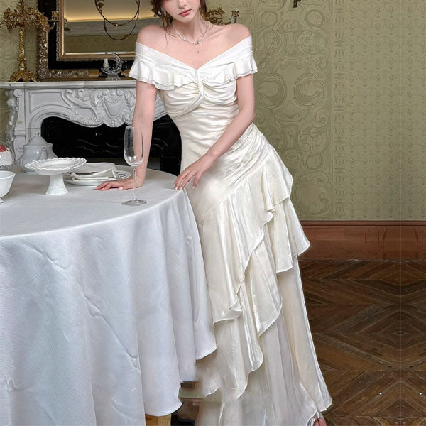 Meliora Elegant Ivory Off-Shoulder Ruffles Evening Dress