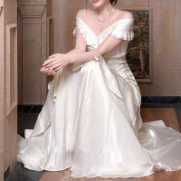 Meliora Elegant Ivory Off-Shoulder Ruffles Evening Dress