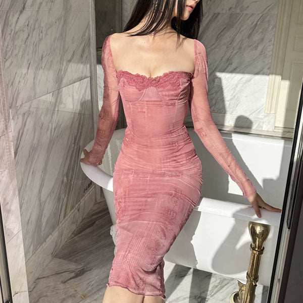 Annisa Pink Bodycon Long Sleeve Midi Dress
