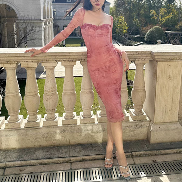 Annisa Pink Bodycon Long Sleeve Midi Dress