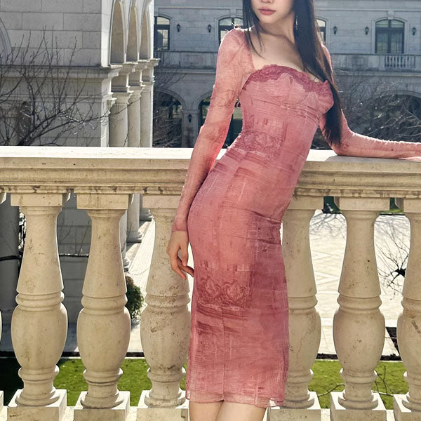 Annisa Pink Bodycon Long Sleeve Midi Dress