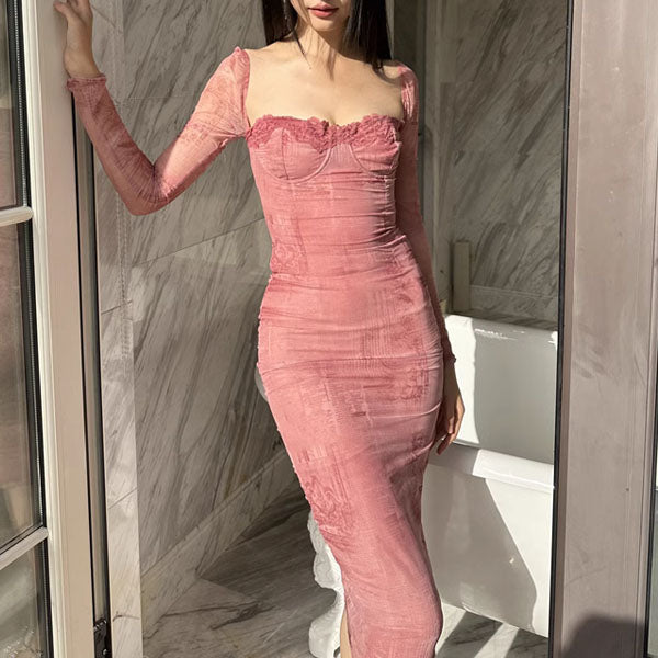 Annisa Pink Bodycon Long Sleeve Midi Dress