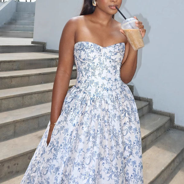 evangeline midi dress Evangeline Enchanting Strapless Floral Midi Dress S