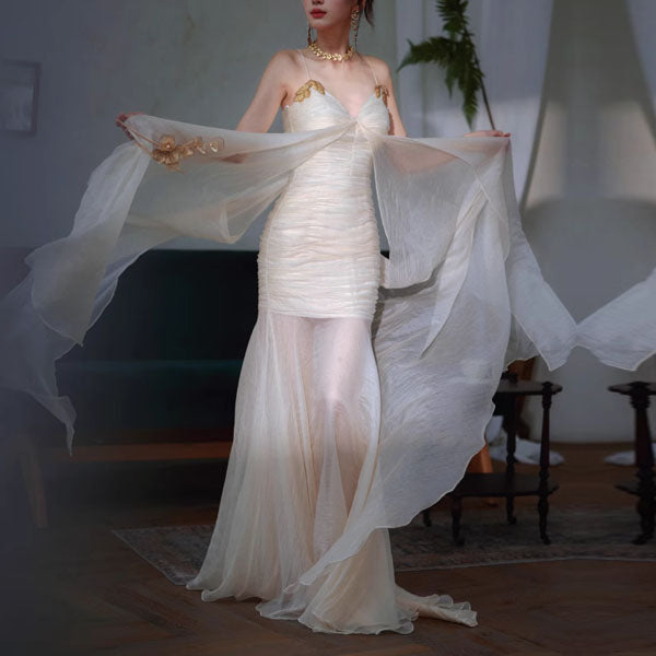 Aurelia Ivory Elegant Gold Embellished Evening Dress