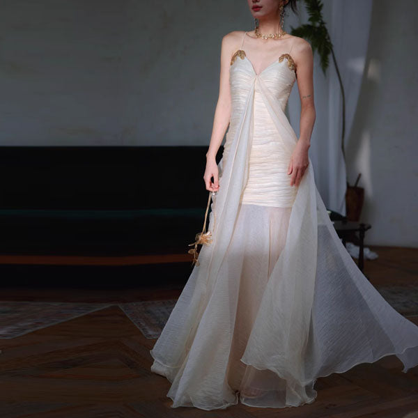 Aurelia Ivory Elegant Gold Embellished Evening Dress