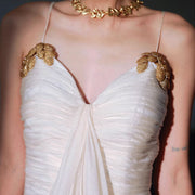 Aurelia Ivory Elegant Gold Embellished Evening Dress
