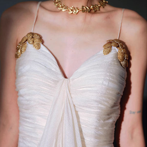 Aurelia Ivory Elegant Gold Embellished Evening Dress