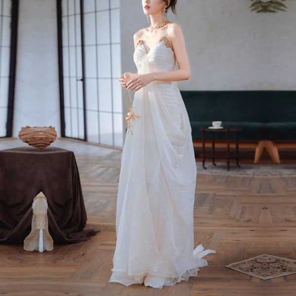 Aurelia Ivory Elegant Gold Embellished Evening Dress