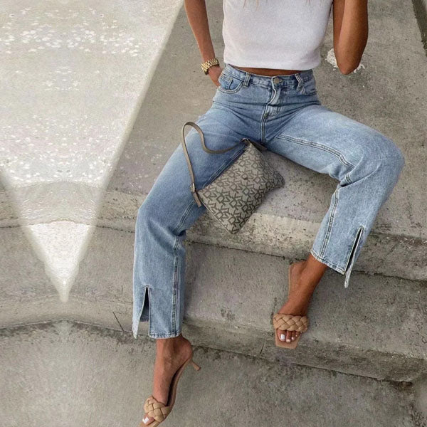 Tania High Rise Front Slit Straight Leg Denim Jeans