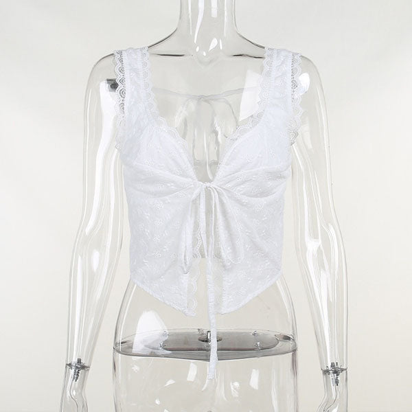 Lucie Lace Trim Tie Front Top