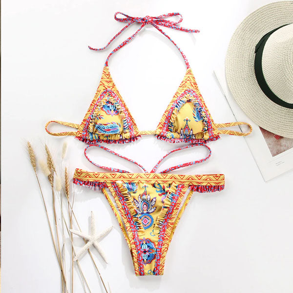 Lenny Vintage Floral Print Ruffled Bikini Set