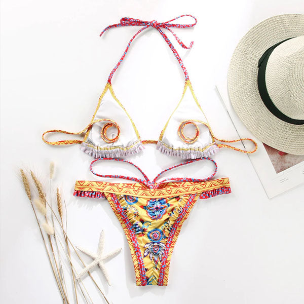 Lenny Vintage Floral Print Ruffled Bikini Set