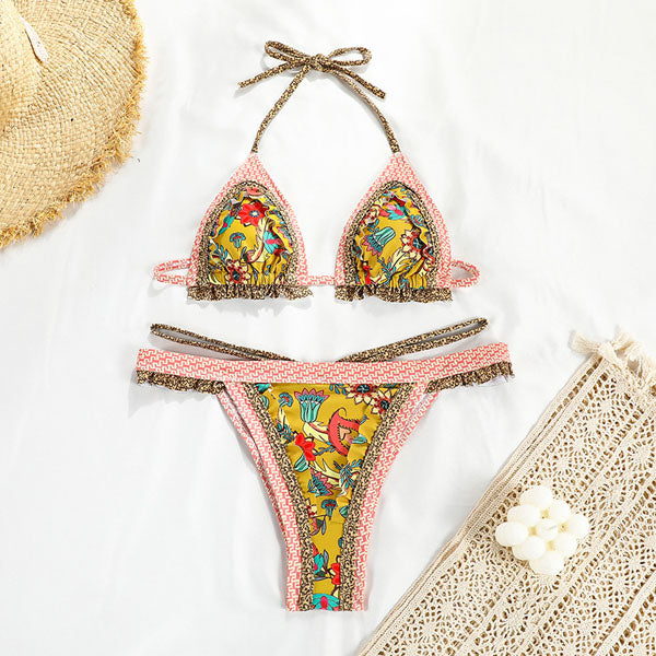 Lenny Vintage Floral Print Ruffled Bikini Set