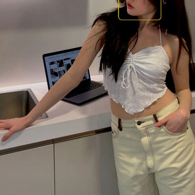 Kelsie Floral Embroidery Print Halter Crop Top