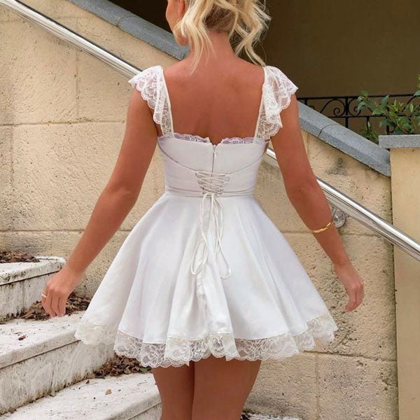 Lalisa Lace Trim Ruched Front Mini Dress M / White Lalisa Lace Trim Ruched Front Mini Dress M / White