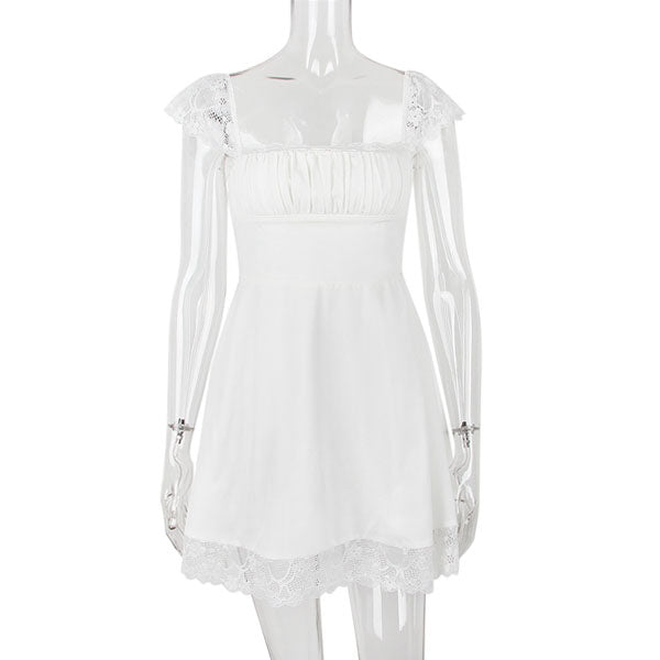 Lalisa Lace Trim Ruched Front Mini Dress M / White Lalisa Lace Trim Ruched Front Mini Dress M / White