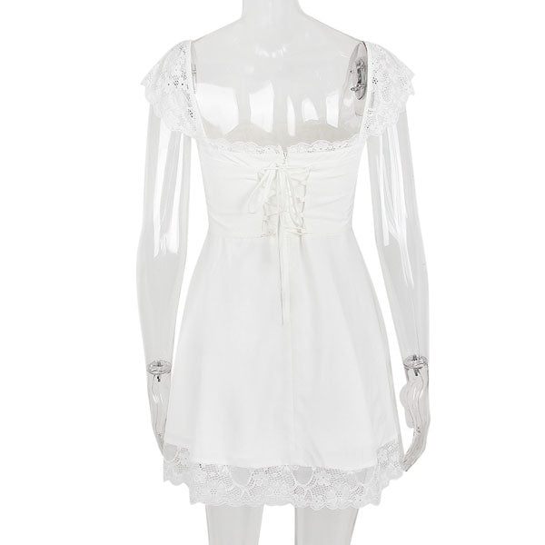 Lalisa Lace Trim Ruched Front Mini Dress M / White Lalisa Lace Trim Ruched Front Mini Dress M / White