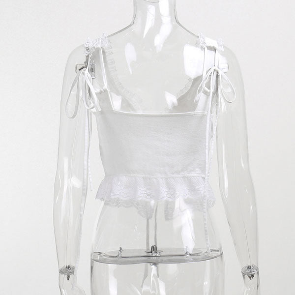 Lindsay Lace Trim White Tie Front Top