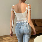 Lindsay Lace Trim White Tie Front Top