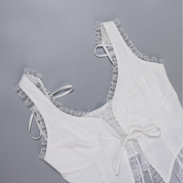 Lindsay Lace Trim White Tie Front Top