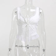 Lindsay Lace Trim White Tie Front Top