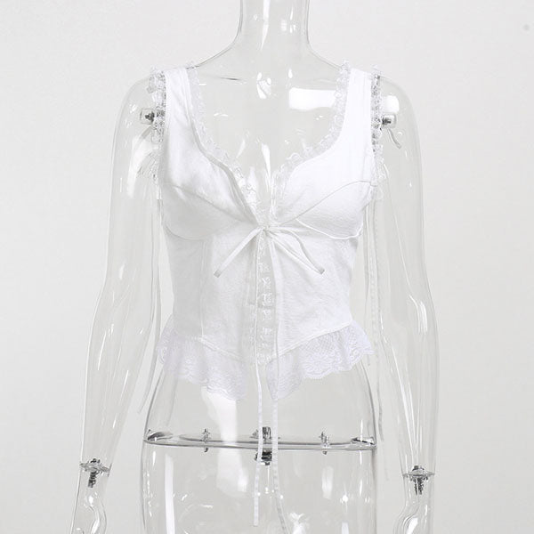 Lindsay Lace Trim White Tie Front Top