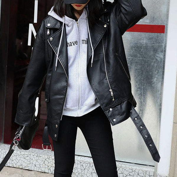 Alivia Black Oversize Vegan Leather Moto Jacket