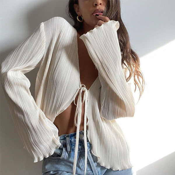 Naria Pleated Long Sleeve Relax Tie Front Top